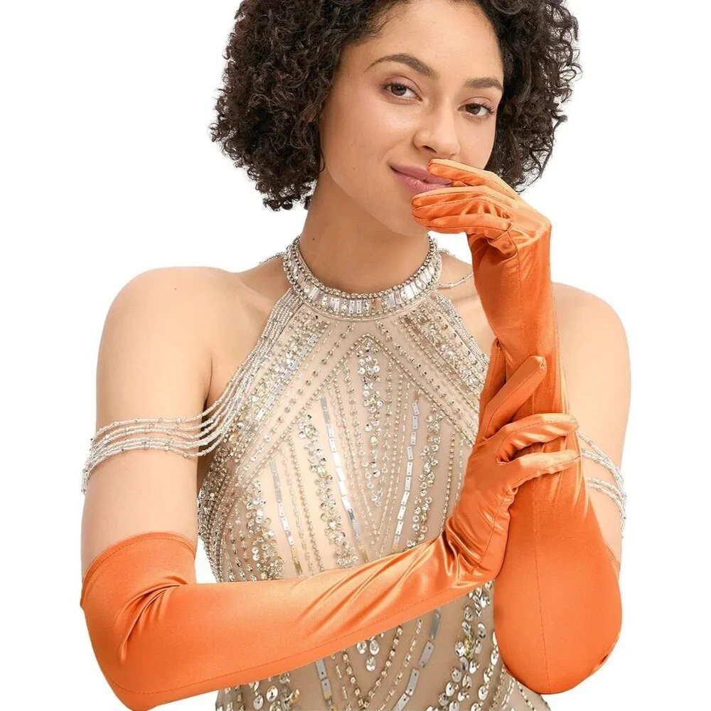 Women's Evening Orange Long Satin Gloves Elbow Length Formal Party Prom Wear